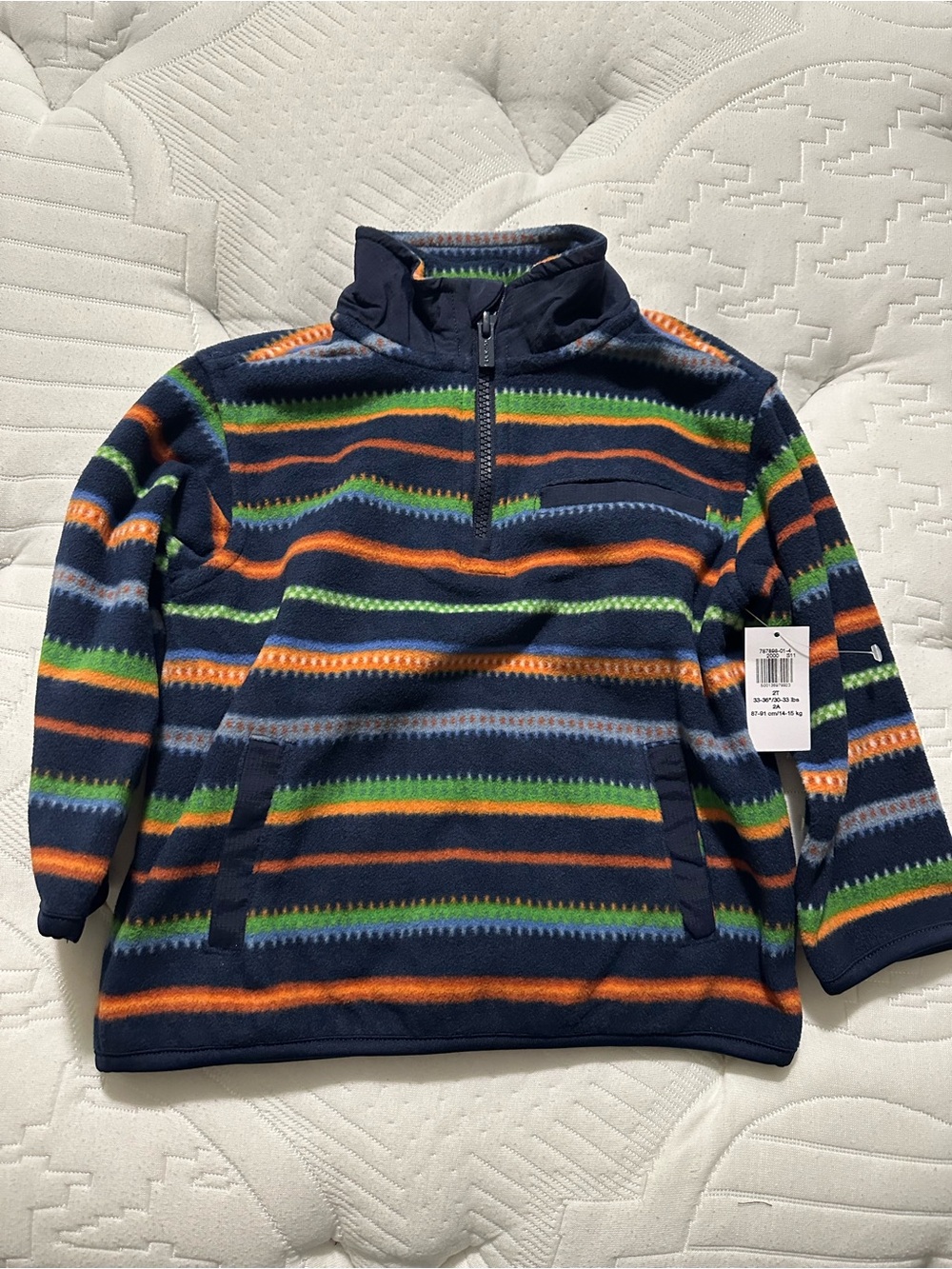 Old Navy Navy Half-Zip Striped Fleece Pullover - Orange & Green